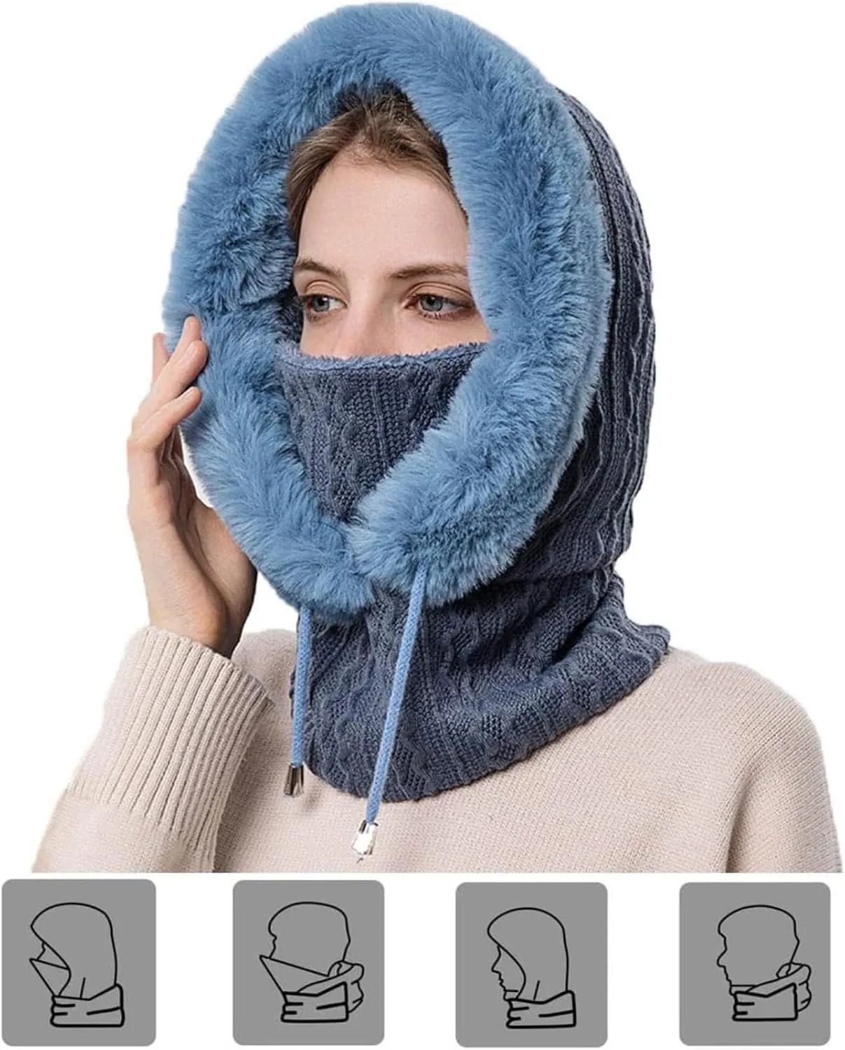 Women's Winter Outdoor Skiing and Cycling Cold Hat Warm Scarf Face Mask Integrated Cold Cover Balaclava Wool Hat
