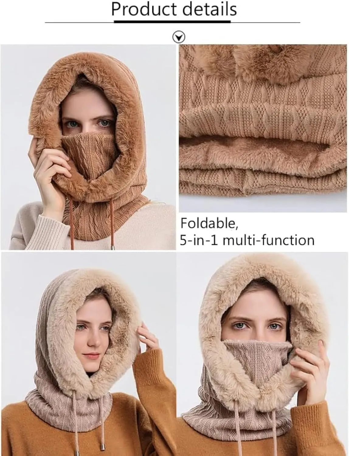 Women's Winter Outdoor Skiing and Cycling Cold Hat Warm Scarf Face Mask Integrated Cold Cover Balaclava Wool Hat