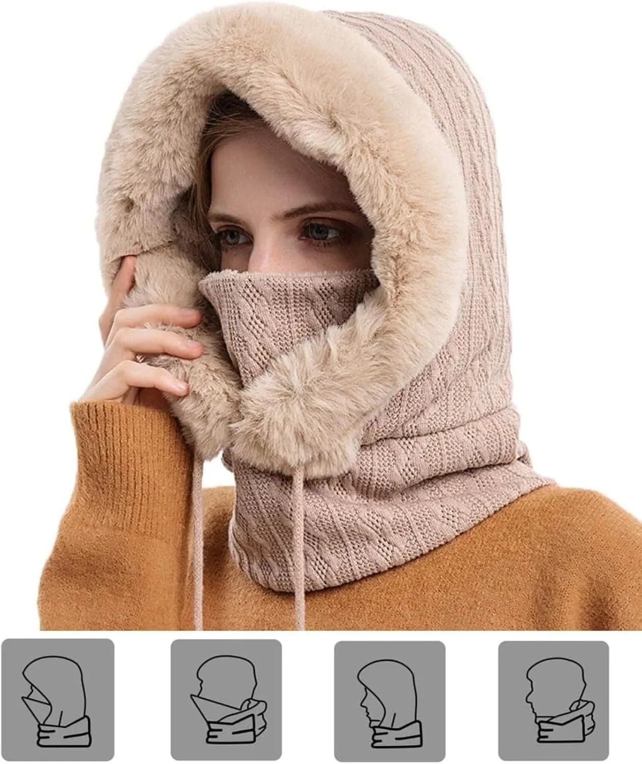 Women's Winter Outdoor Skiing and Cycling Cold Hat Warm Scarf Face Mask Integrated Cold Cover Balaclava Wool Hat