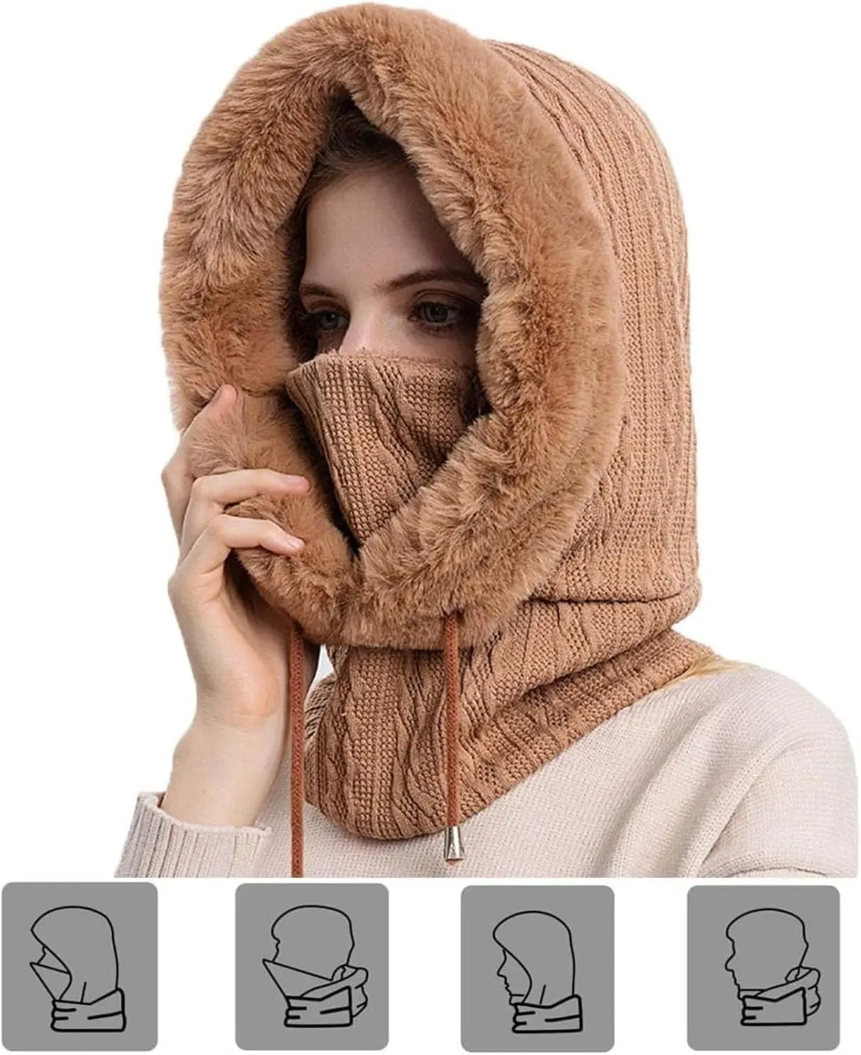 Women's Winter Outdoor Skiing and Cycling Cold Hat Warm Scarf Face Mask Integrated Cold Cover Balaclava Wool Hat