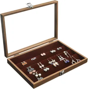 Wooden Jewelry Organizer Box with Clear Glass Lid Jewelry Holder Organizer Velvet Jewelry Storage Case for Women Earrings Rings Necklaces Bracelet Watch,D(B)
