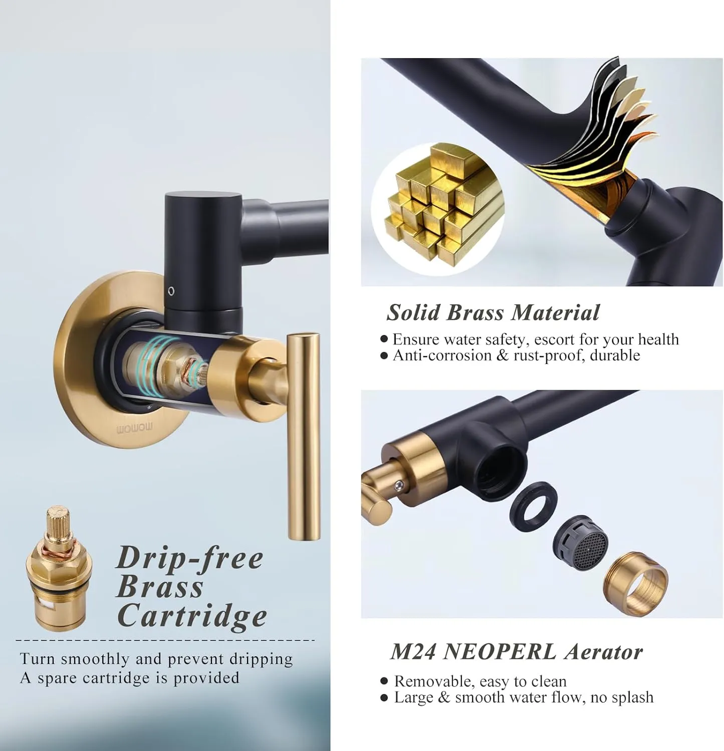 WOWOW Pot Filler Faucet Black Gold, Solid Brass Pot Filler Wall Mount Kitchen Stove Faucet with Double Joint Swing Arms
