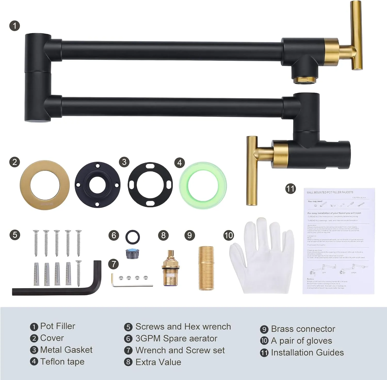 WOWOW Pot Filler Faucet Black Gold, Solid Brass Pot Filler Wall Mount Kitchen Stove Faucet with Double Joint Swing Arms