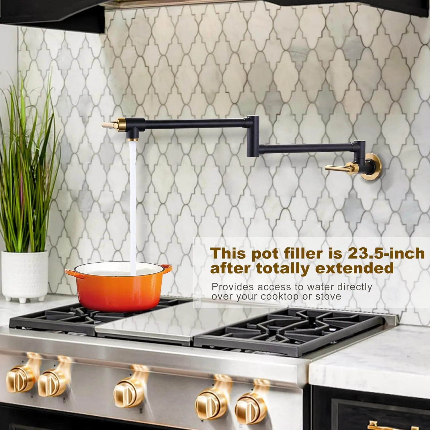 WOWOW Pot Filler Faucet Black Gold, Solid Brass Pot Filler Wall Mount Kitchen Stove Faucet with Double Joint Swing Arms