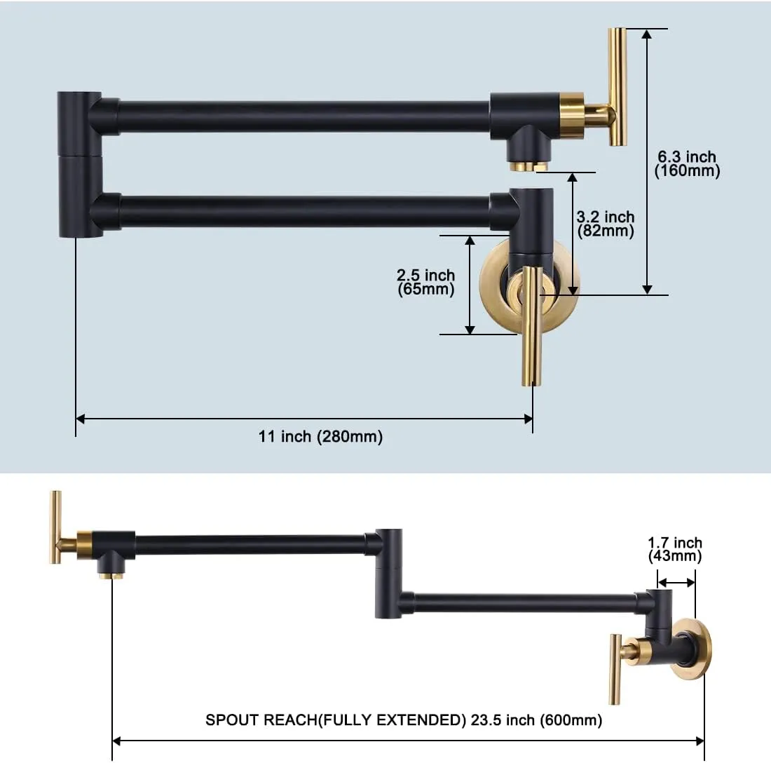 WOWOW Pot Filler Faucet Black Gold, Solid Brass Pot Filler Wall Mount Kitchen Stove Faucet with Double Joint Swing Arms