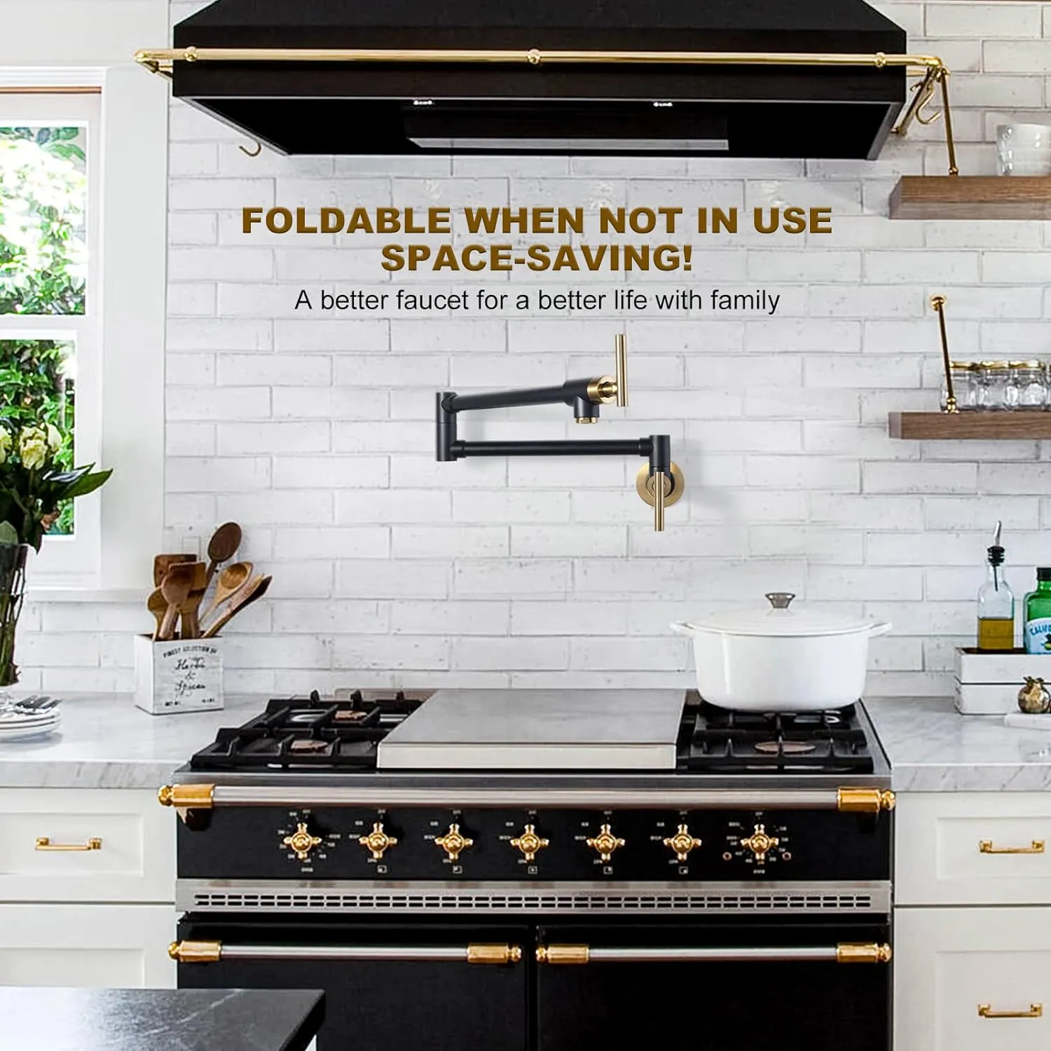 WOWOW Pot Filler Faucet Black Gold, Solid Brass Pot Filler Wall Mount Kitchen Stove Faucet with Double Joint Swing Arms