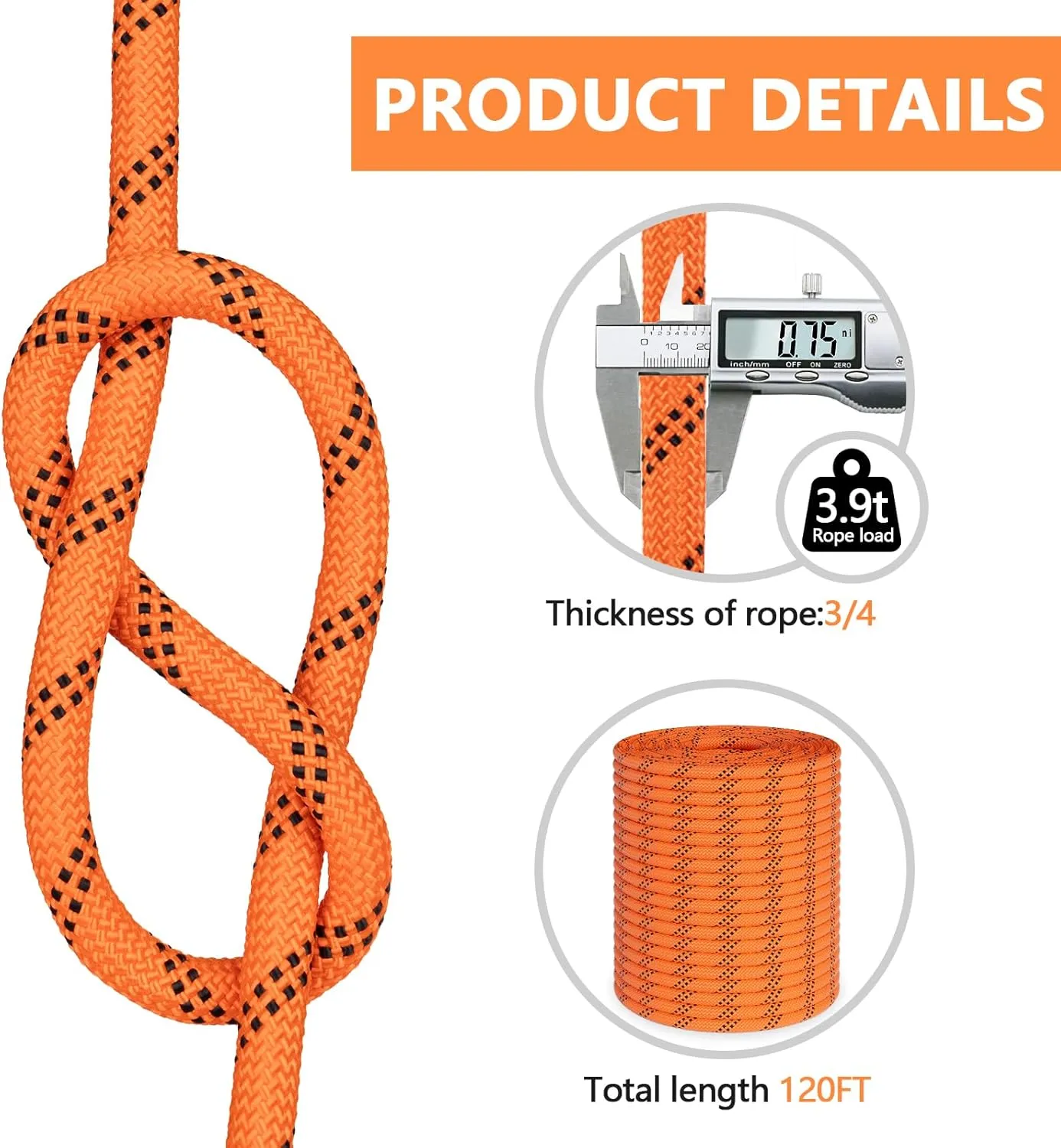 X XBEN Braided Polyester Arborist Rope 3/4 inch X 120ft, 48 Strands, 12 Inner core,8626 LBS Breaking Strength Outdoor Rope, Arborist Rigging Rope for Rock Hiking Camping Swing Tree Rescue