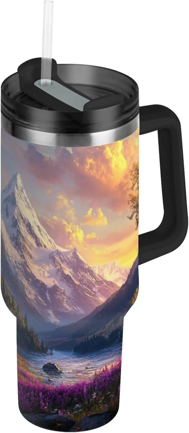 xigua 30 oz Beautiful Mountain Tumbler with Handle and Straw Lid, Stainless Steel Vacuum Insulated Sports Water Bottle, Keeps Cold or Hot Coffee Cup Travel Mug
