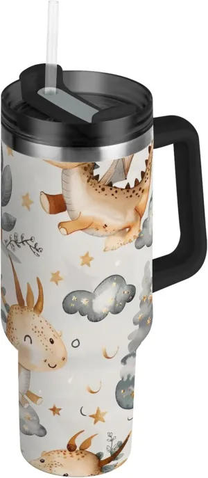 xigua 40 oz Cute Dragon Tumbler with Handle and Straw Lid, Stainless Steel Vacuum Insulated Sports Water Bottle, Keeps Cold or Hot Coffee Cup Travel Mug