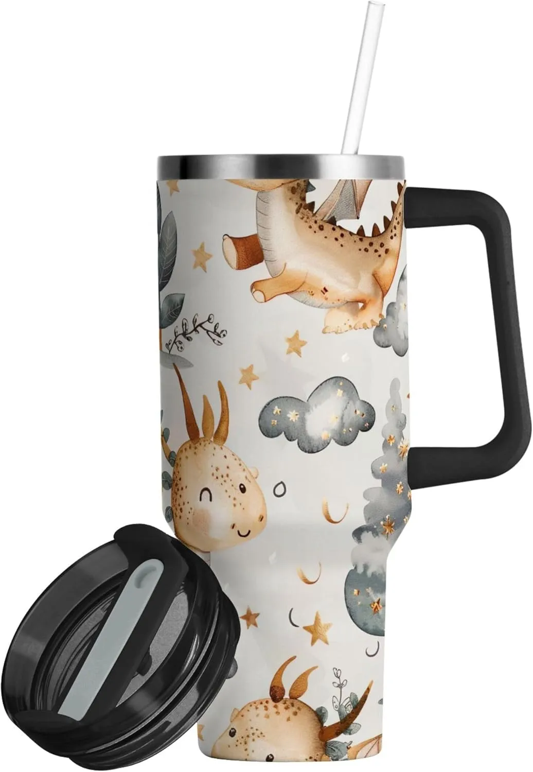 xigua 40 oz Cute Dragon Tumbler with Handle and Straw Lid, Stainless Steel Vacuum Insulated Sports Water Bottle, Keeps Cold or Hot Coffee Cup Travel Mug