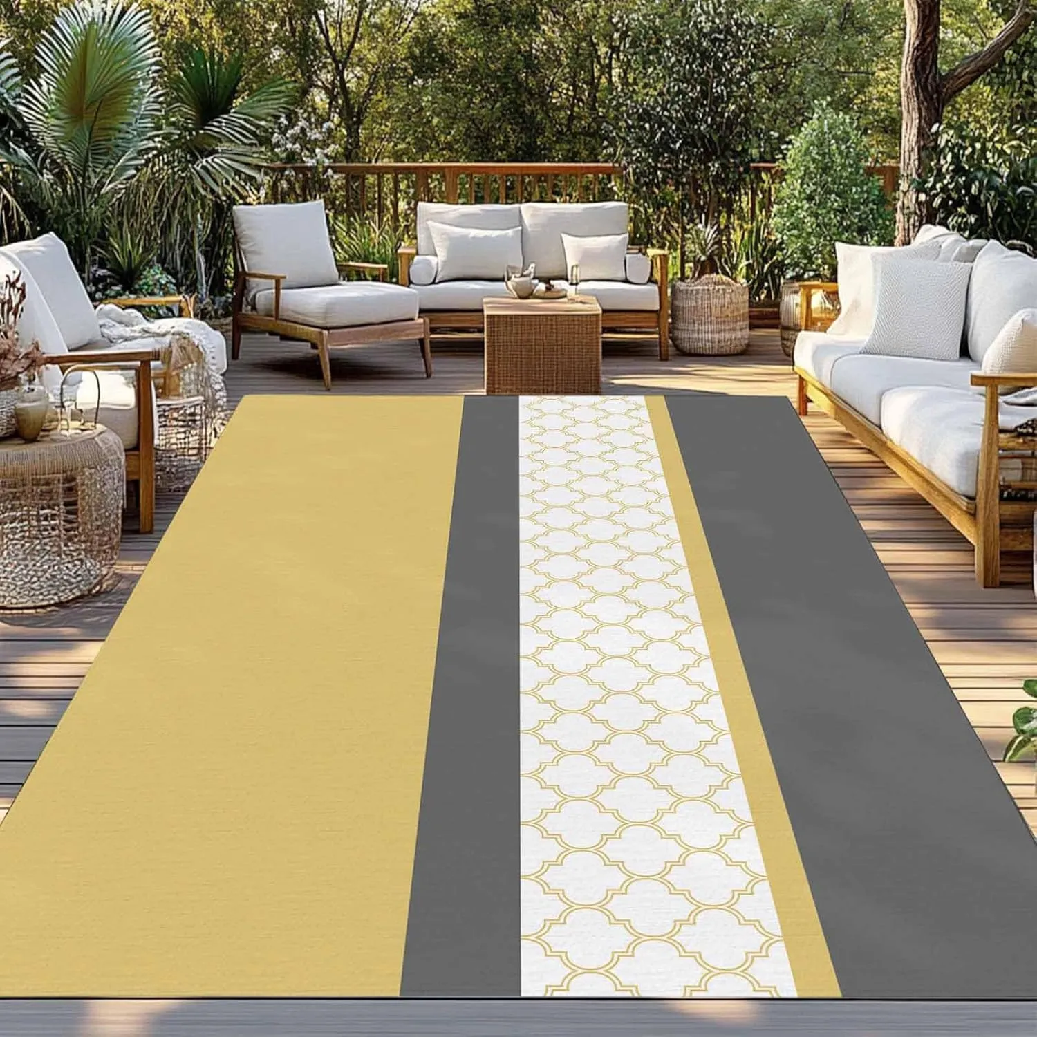 Yellow Morocco Outdoor Rug 5x8ft Large Patio Rug, Washable RV Camping Outside Area Runner Rug Mat, Geometric Grey Stripes Modern Indoor Outdoor Carpet for Picnic Backyard Deck Porch Balcony Beach