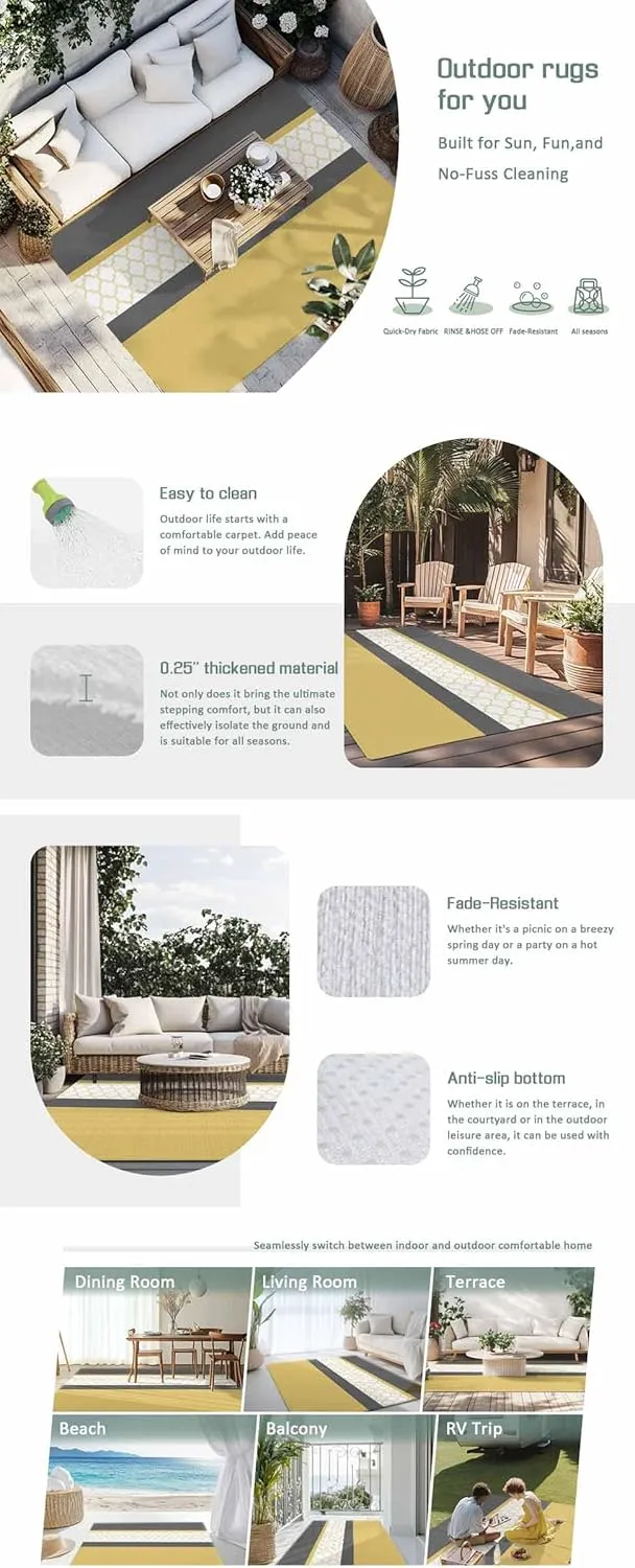 Yellow Morocco Outdoor Rug 5x8ft Large Patio Rug, Washable RV Camping Outside Area Runner Rug Mat, Geometric Grey Stripes Modern Indoor Outdoor Carpet for Picnic Backyard Deck Porch Balcony Beach