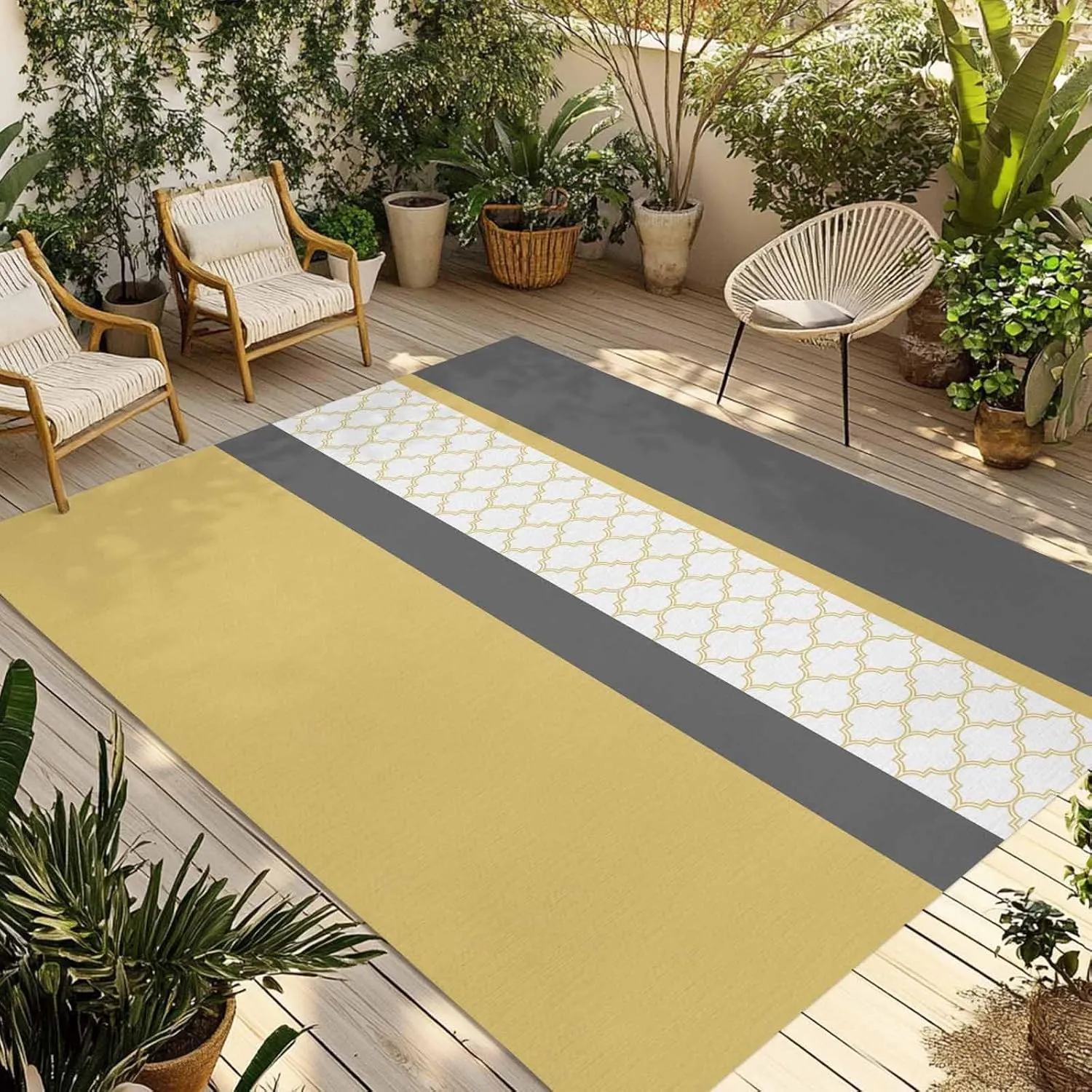 Yellow Morocco Outdoor Rug 5x8ft Large Patio Rug, Washable RV Camping Outside Area Runner Rug Mat, Geometric Grey Stripes Modern Indoor Outdoor Carpet for Picnic Backyard Deck Porch Balcony Beach