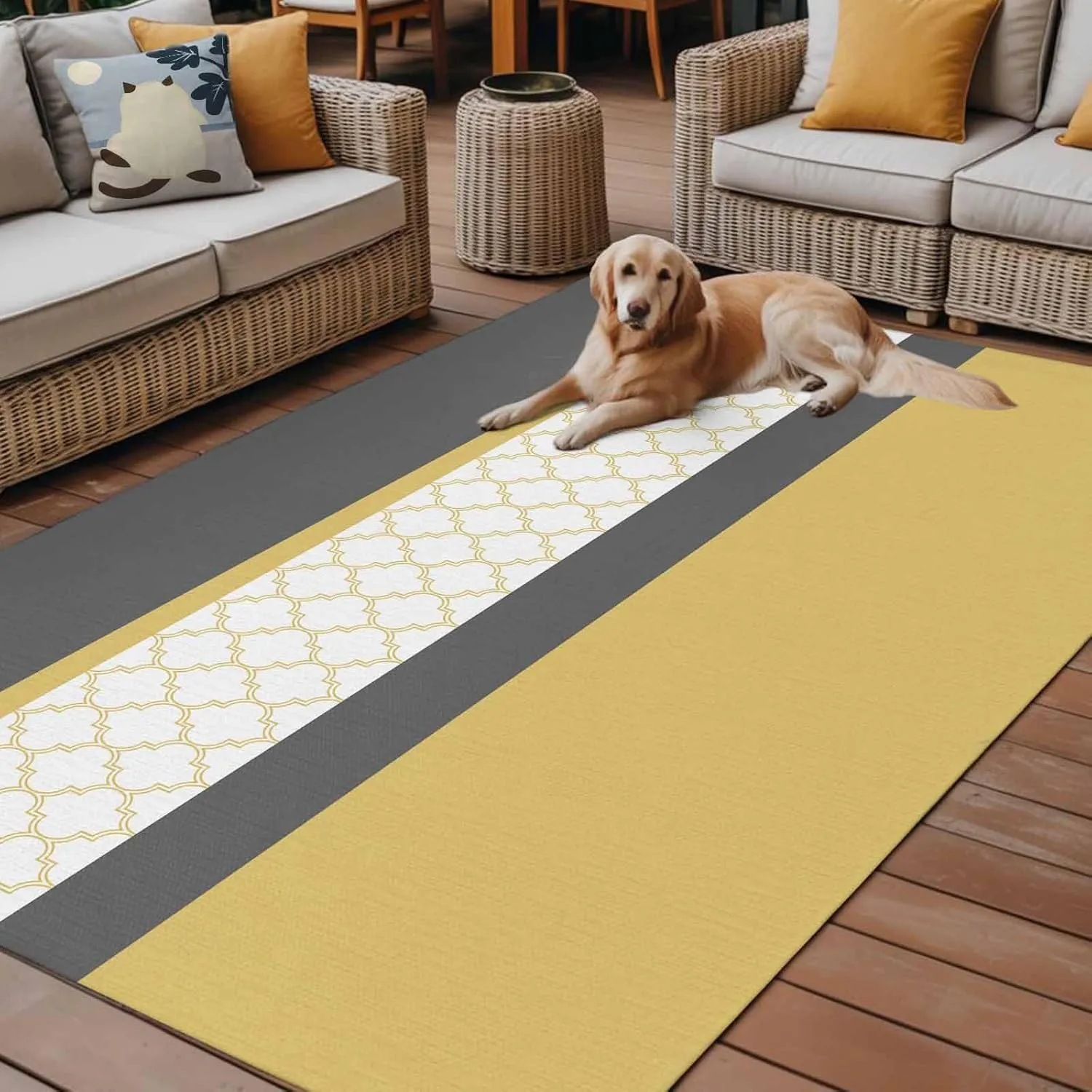 Yellow Morocco Outdoor Rug 5x8ft Large Patio Rug, Washable RV Camping Outside Area Runner Rug Mat, Geometric Grey Stripes Modern Indoor Outdoor Carpet for Picnic Backyard Deck Porch Balcony Beach