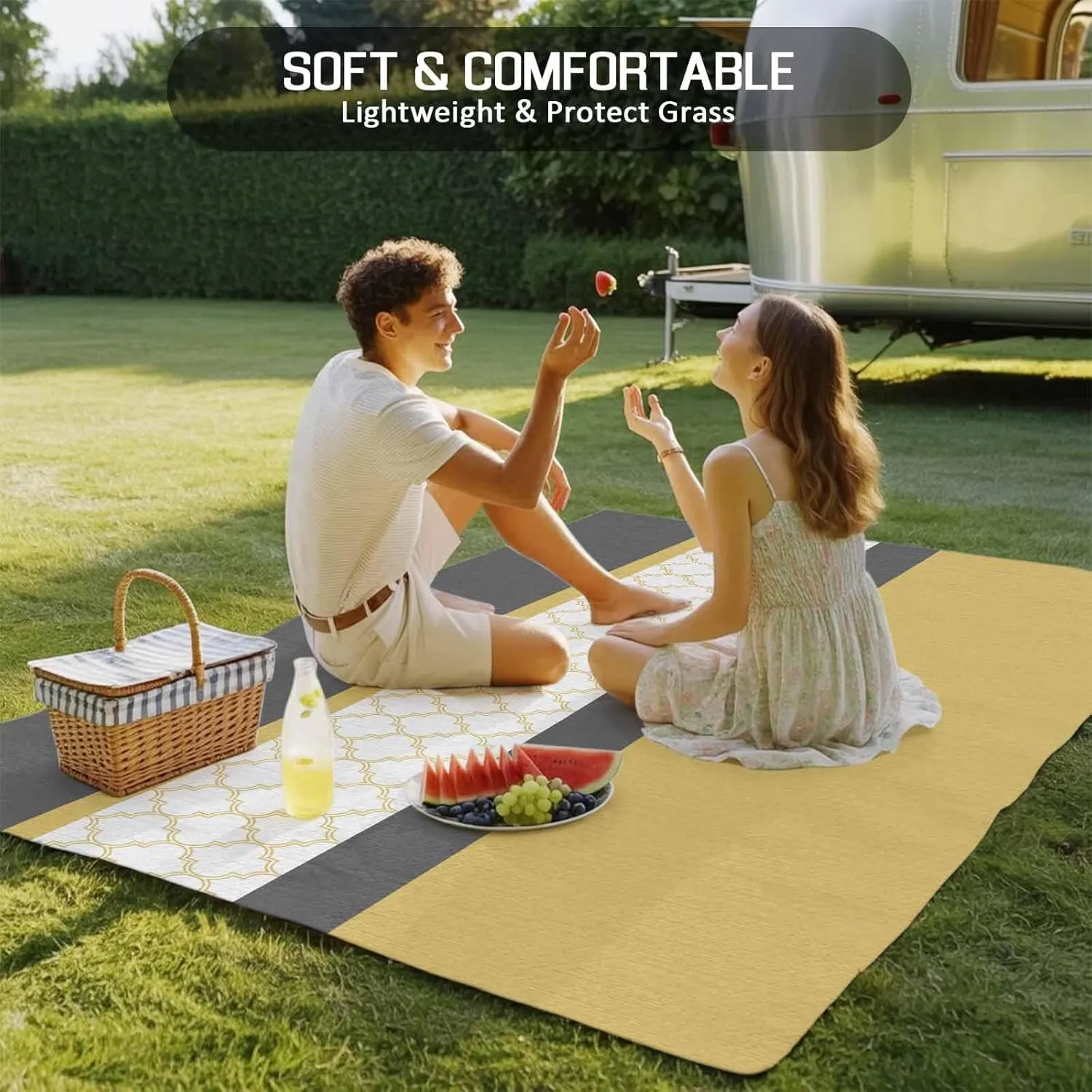 Yellow Morocco Outdoor Rug 5x8ft Large Patio Rug, Washable RV Camping Outside Area Runner Rug Mat, Geometric Grey Stripes Modern Indoor Outdoor Carpet for Picnic Backyard Deck Porch Balcony Beach