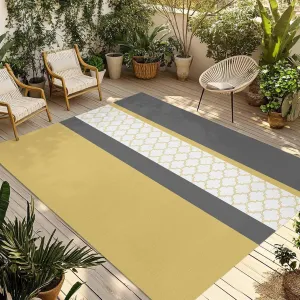 Yellow Morocco Outdoor Rug 5x8ft Large Patio Rug, Washable RV Camping Outside Area Runner Rug Mat, Geometric Grey Stripes Modern Indoor Outdoor Carpet for Picnic Backyard Deck Porch Balcony Beach