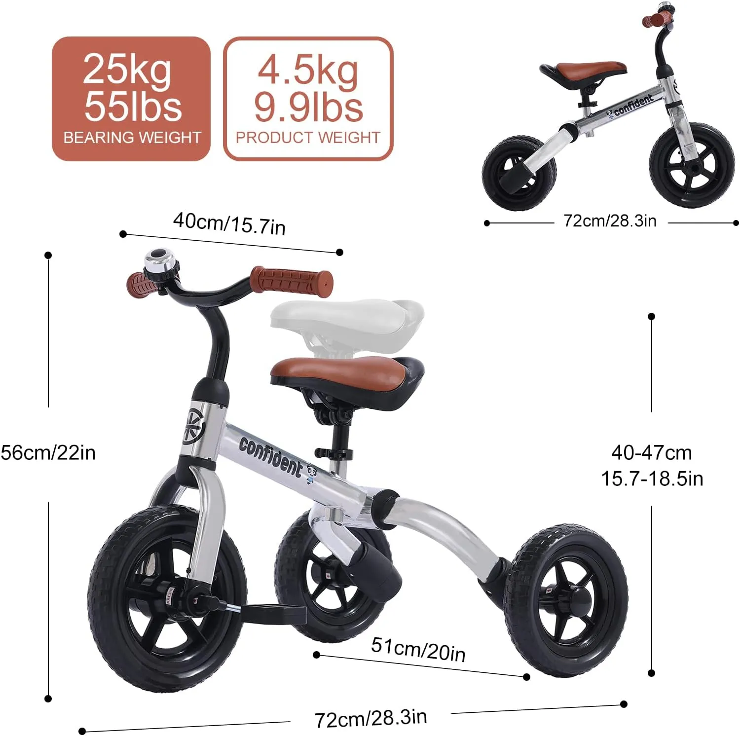 YGJT 3 in 1 Tricycle for Toddlers Age 2-5 Years Old, Folding Kids Balance Bike with Adjustable Seat and Removable Pedal, Toddler Bike Ride-on Toys for Infant, Gifts for Baby Boys Girls Birthday