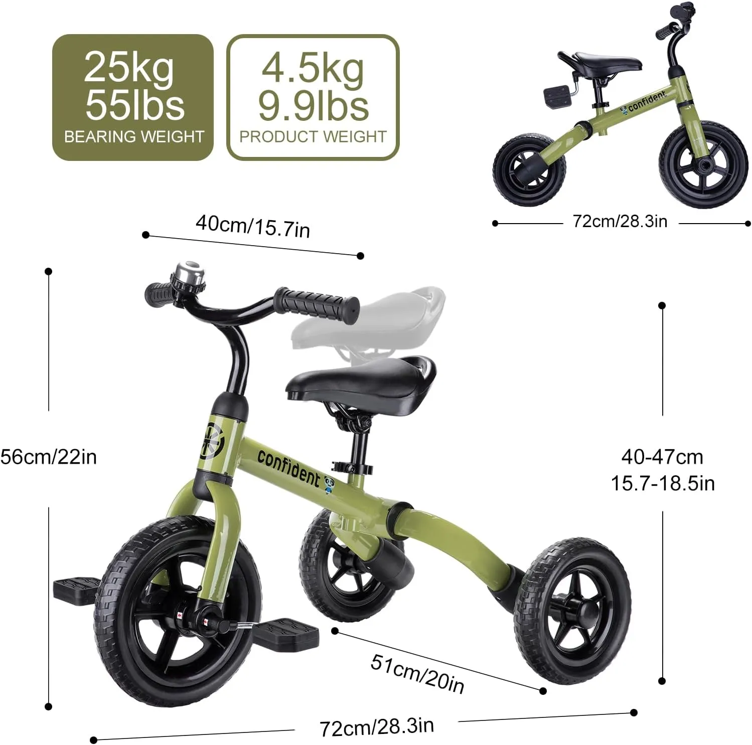 YGJT 3 in 1 Tricycle for Toddlers Age 2-5 Years Old, Folding Kids Balance Bike with Adjustable Seat and Removable Pedal, Toddler Bike Ride-on Toys for Infant, Gifts for Baby Boys Girls(Army Green)