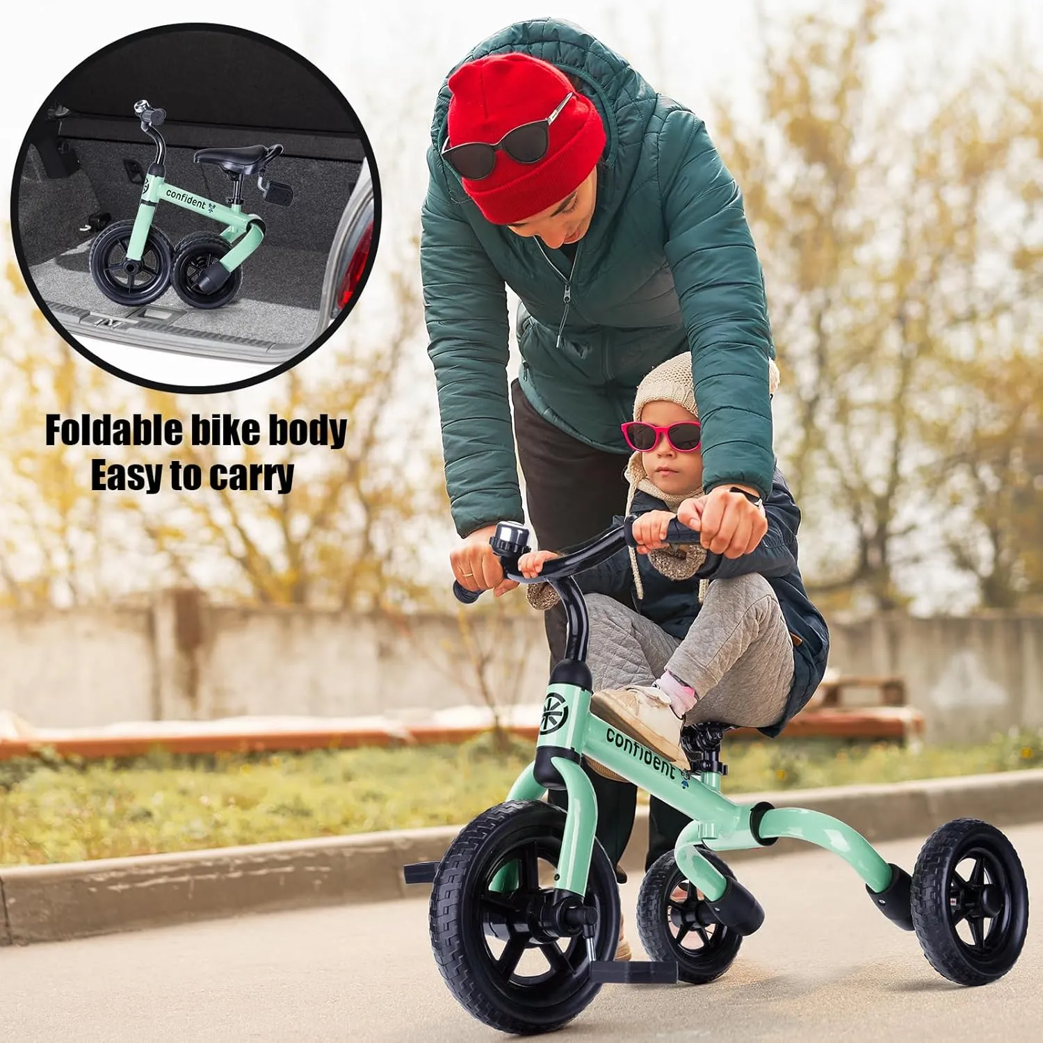 YGJT 3 in 1 Tricycle for Toddlers Age 2-5 Years Old, Folding Kids Balance Bikes with Adjustable Seat and Removable Pedal, Ride-on Toys for Infant, Gift for Baby Boys Girls Birthday (Mint Green)