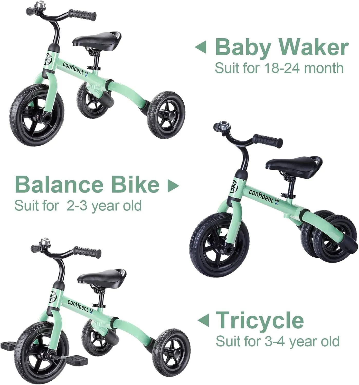 YGJT 3 in 1 Tricycle for Toddlers Age 2-5 Years Old, Folding Kids Balance Bikes with Adjustable Seat and Removable Pedal, Ride-on Toys for Infant, Gift for Baby Boys Girls Birthday (Mint Green)
