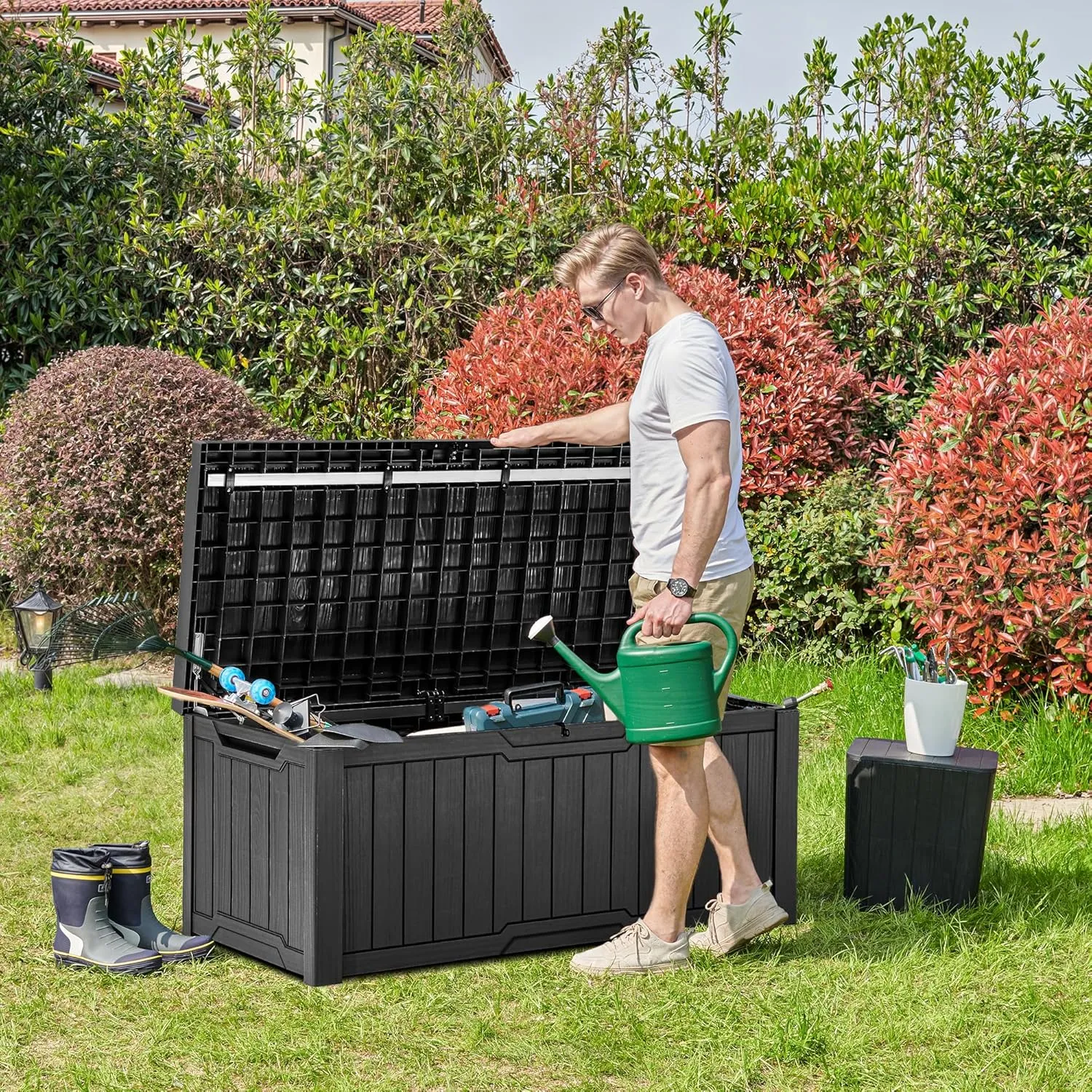 YITAHOME 120 Gallon Outdoor Storage Deck Box with Cushion, Large Resin Patio Storage for Outdoor Pillows, Garden Tools and Pool-Supplies, Waterproof, Lockable (Black)
