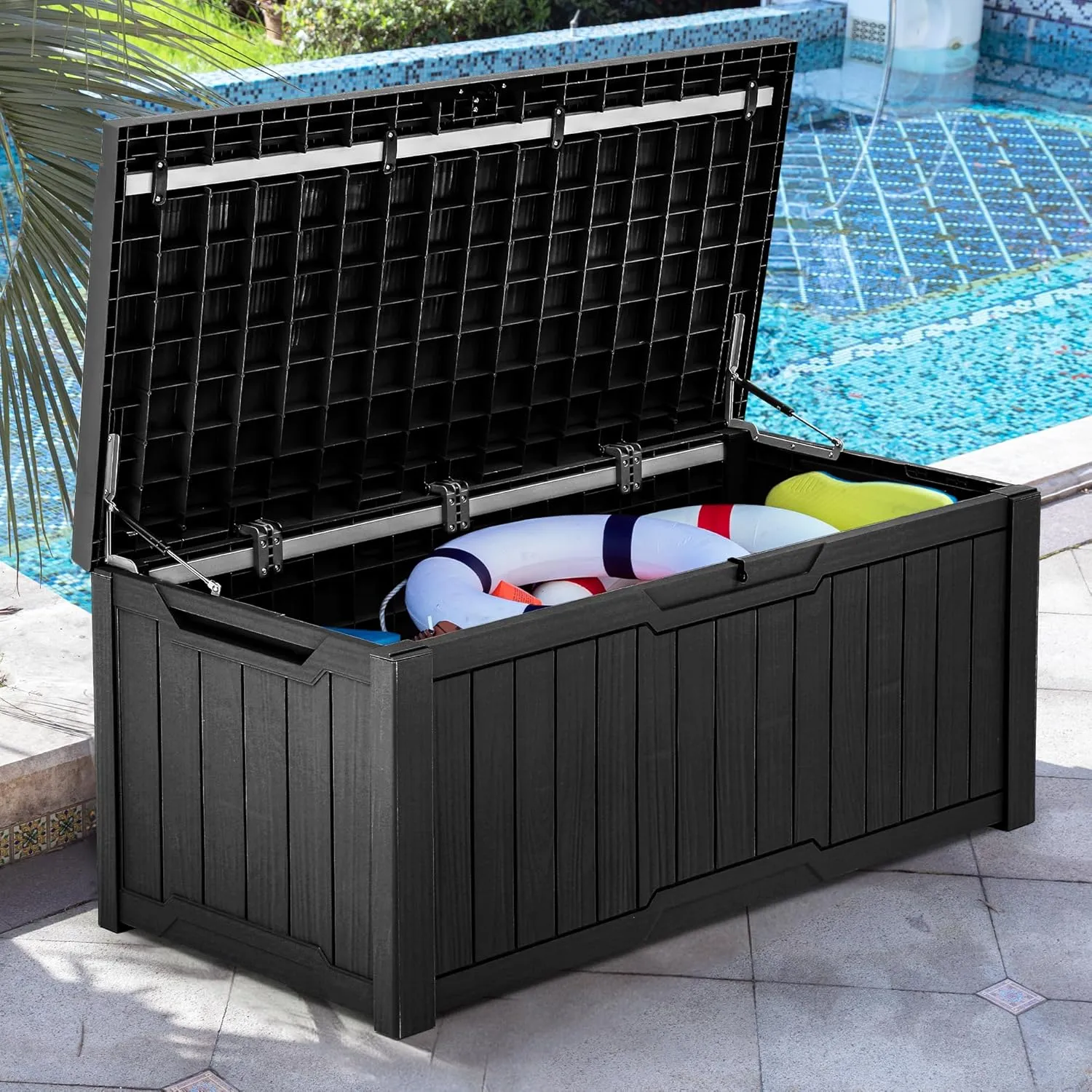 YITAHOME 120 Gallon Outdoor Storage Deck Box with Cushion, Large Resin Patio Storage for Outdoor Pillows, Garden Tools and Pool-Supplies, Waterproof, Lockable (Black)