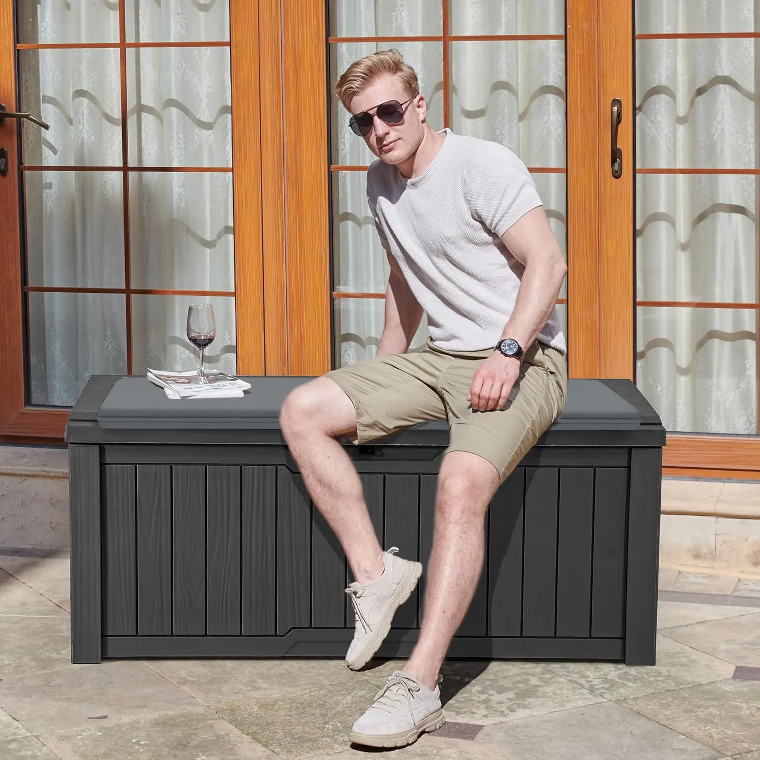 YITAHOME 120 Gallon Outdoor Storage Deck Box with Cushion, Large Resin Patio Storage for Outdoor Pillows, Garden Tools and Pool-Supplies, Waterproof, Lockable (Black)