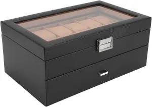 Yunir Watch Box Organizer Carbon Fiber Watch Case with Drawer Design Waterproof PU Leather Interior, Transparent Skylight Luxurious Watch Organizer