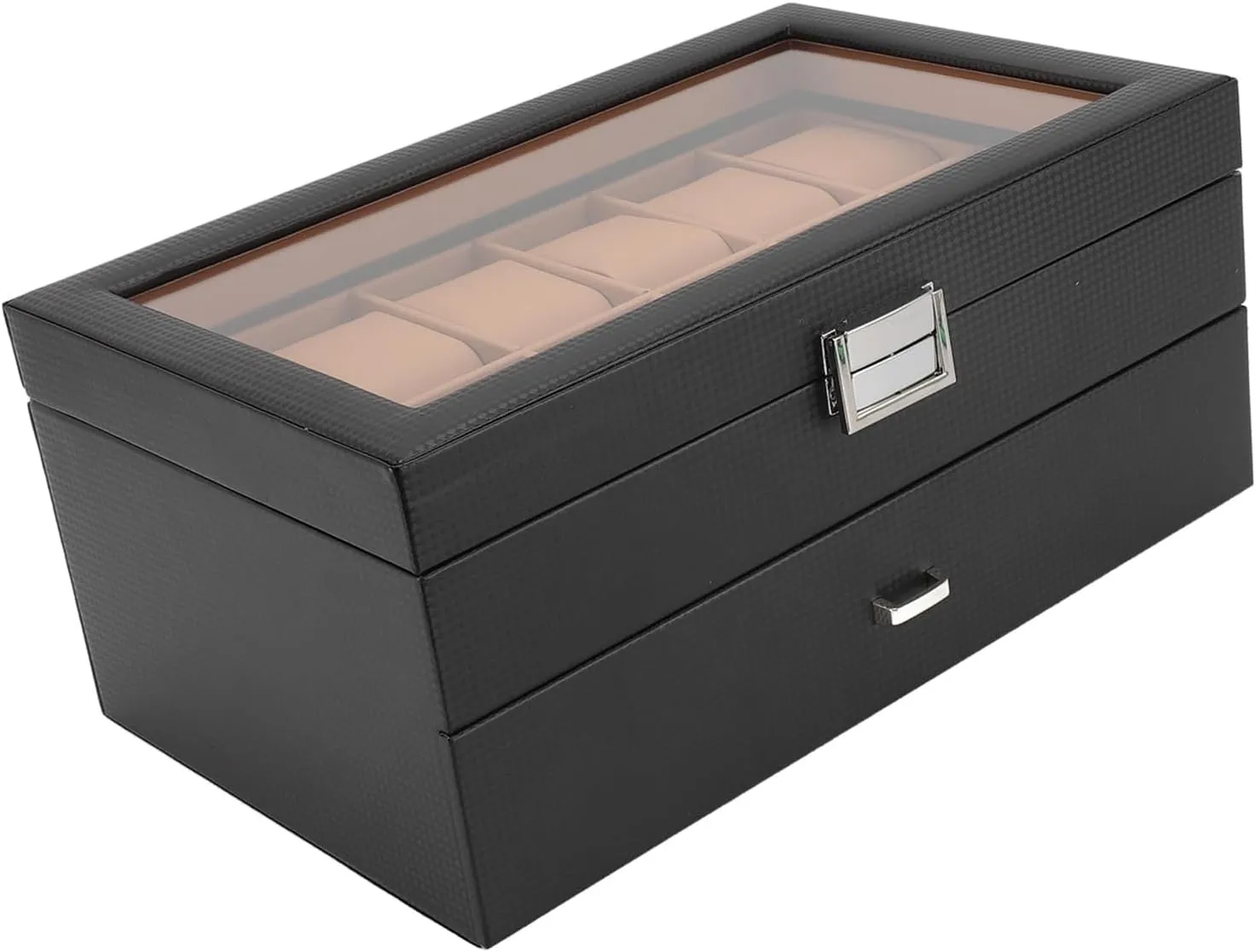 Yunir Watch Box Organizer Carbon Fiber Watch Case with Drawer Design Waterproof PU Leather Interior, Transparent Skylight Luxurious Watch Organizer