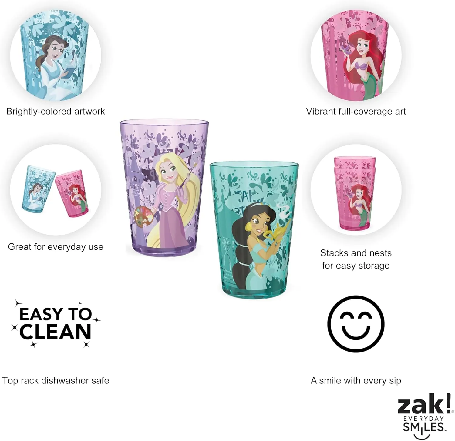 Zak Designs 14.5oz Disney Princess Nesting Tumbler Set Includes Durable Plastic Cups, Fun Drinkware is Perfect for Kids, 4pk ( Belle & Jasmine & Ariel), PYRP-0731