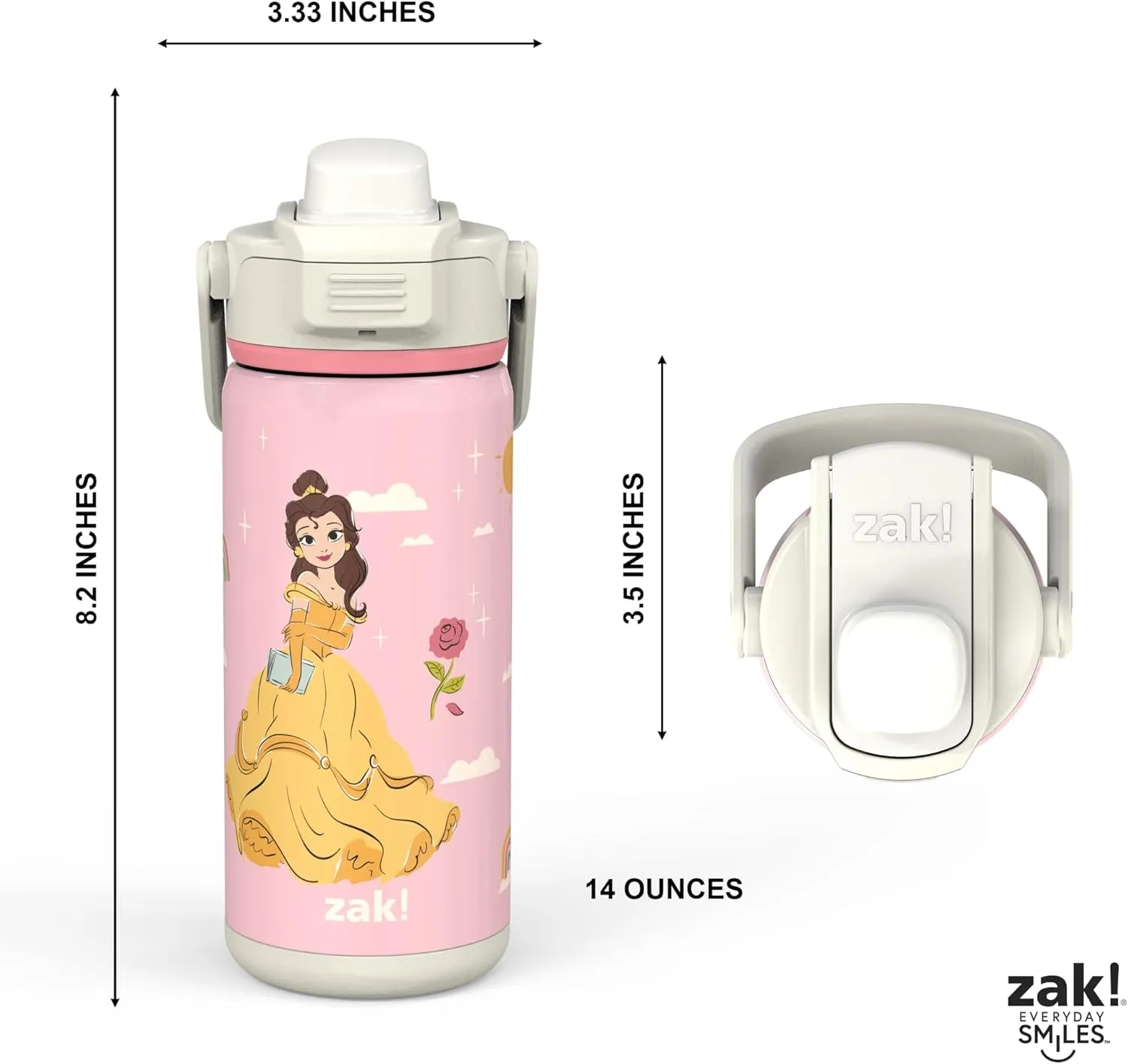 Zak Designs Beacon Insulated Bottle, Disney Princess - 14 oz - Durable Stainless Steel - Double-Wall Vacuum Insulation, Silicone Spout & Push-Button, Leak-Proof Lid - Dishwasher Safe