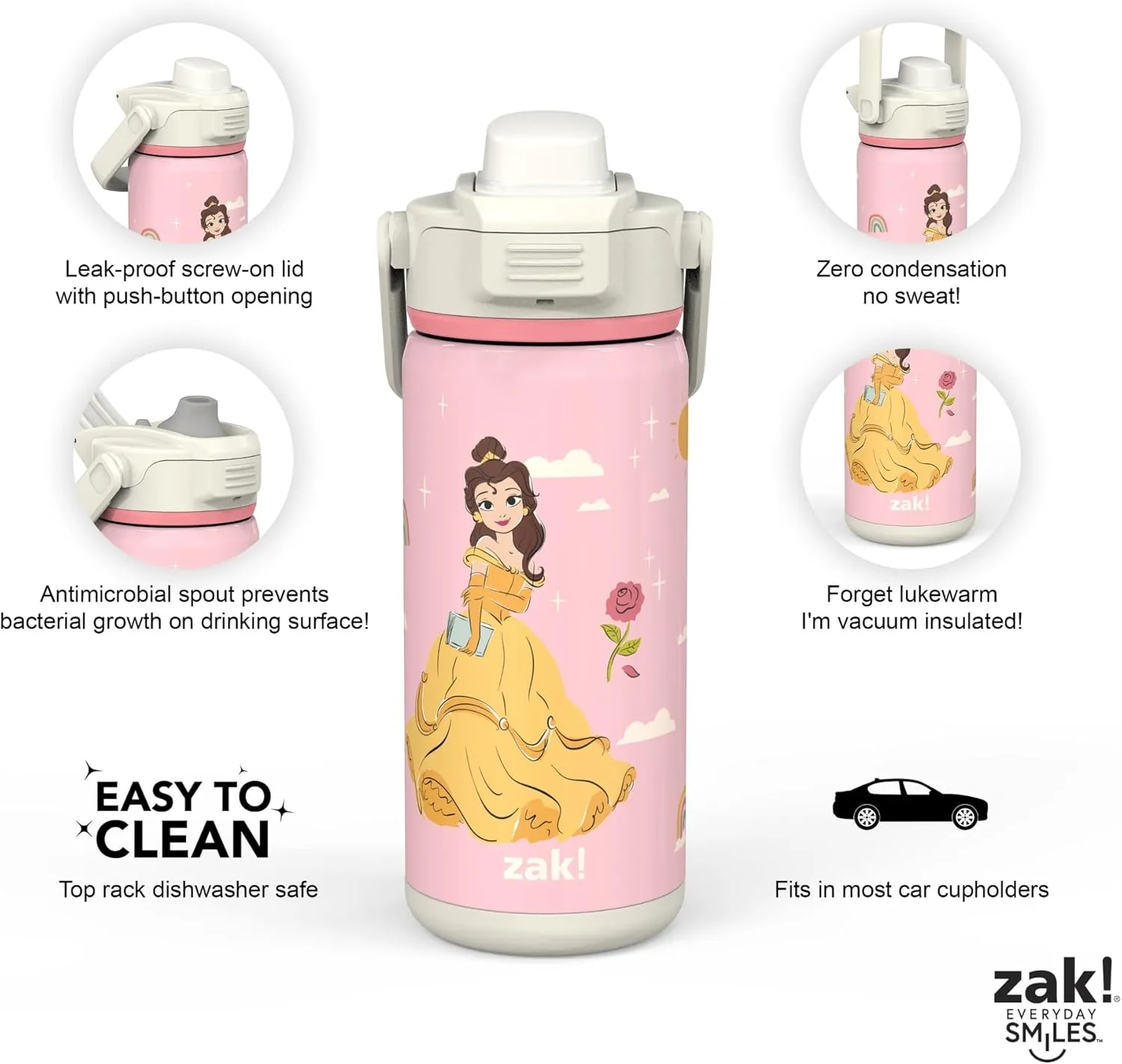 Zak Designs Beacon Insulated Bottle, Disney Princess - 14 oz - Durable Stainless Steel - Double-Wall Vacuum Insulation, Silicone Spout & Push-Button, Leak-Proof Lid - Dishwasher Safe