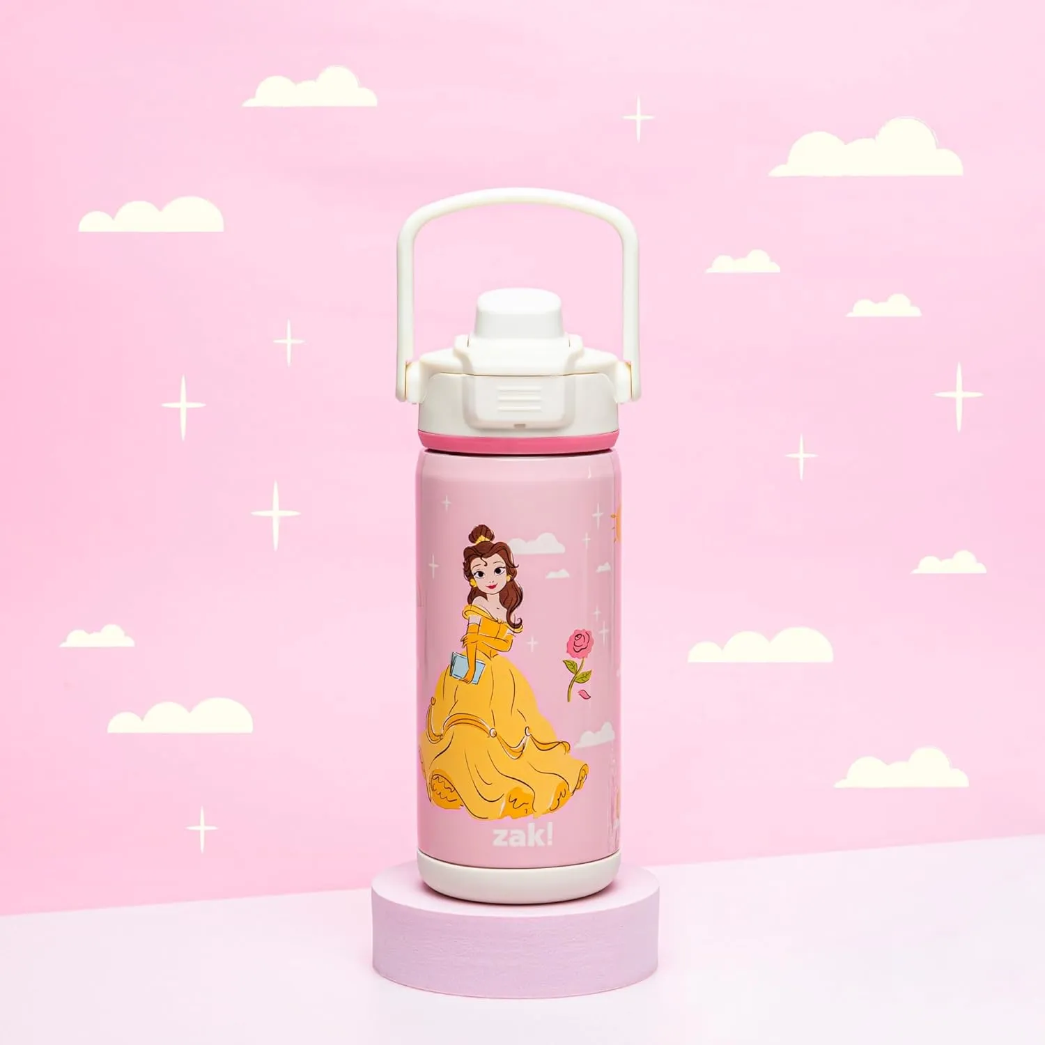 Zak Designs Beacon Insulated Bottle, Disney Princess - 14 oz - Durable Stainless Steel - Double-Wall Vacuum Insulation, Silicone Spout & Push-Button, Leak-Proof Lid - Dishwasher Safe