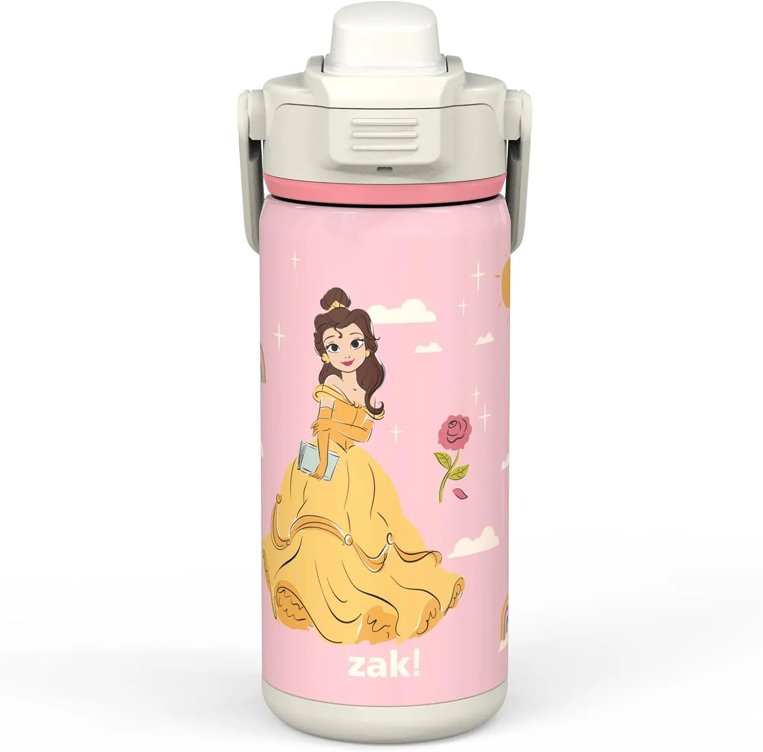 Zak Designs Beacon Insulated Bottle, Disney Princess - 14 oz - Durable Stainless Steel - Double-Wall Vacuum Insulation, Silicone Spout & Push-Button, Leak-Proof Lid - Dishwasher Safe