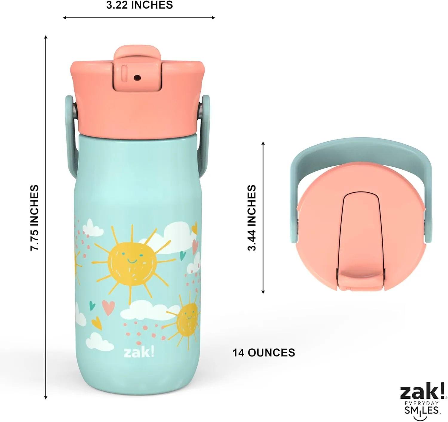 Zak Designs Harmony Kid Water Bottle for Travel or At Home, 14oz Recycled Stainless Steel is Leak-Proof When Closed and Vacuum Insulated (Happy Day)