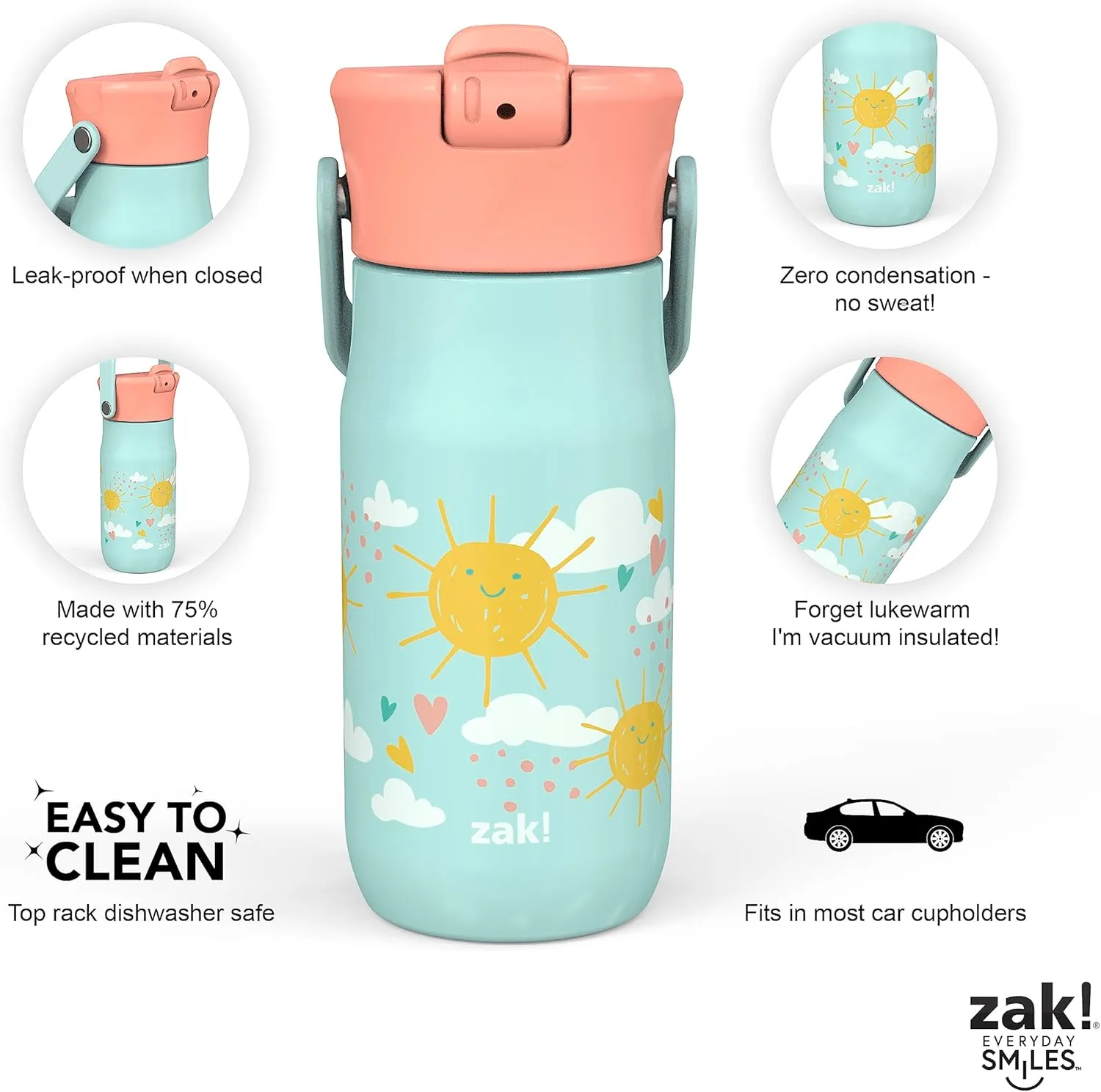 Zak Designs Harmony Kid Water Bottle for Travel or At Home, 14oz Recycled Stainless Steel is Leak-Proof When Closed and Vacuum Insulated (Happy Day)