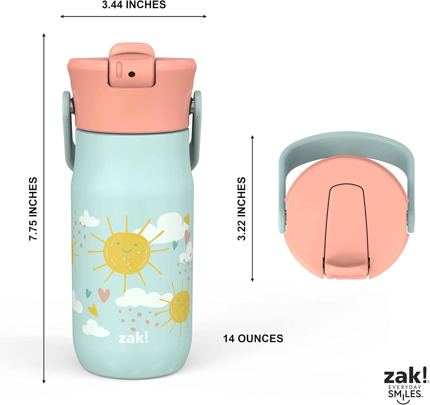 Zak Designs Harmony Kid Water Bottle for Travel or At Home, 14oz Recycled Stainless Steel is Leak-Proof When Closed and Vacuum Insulated (Happy Day)