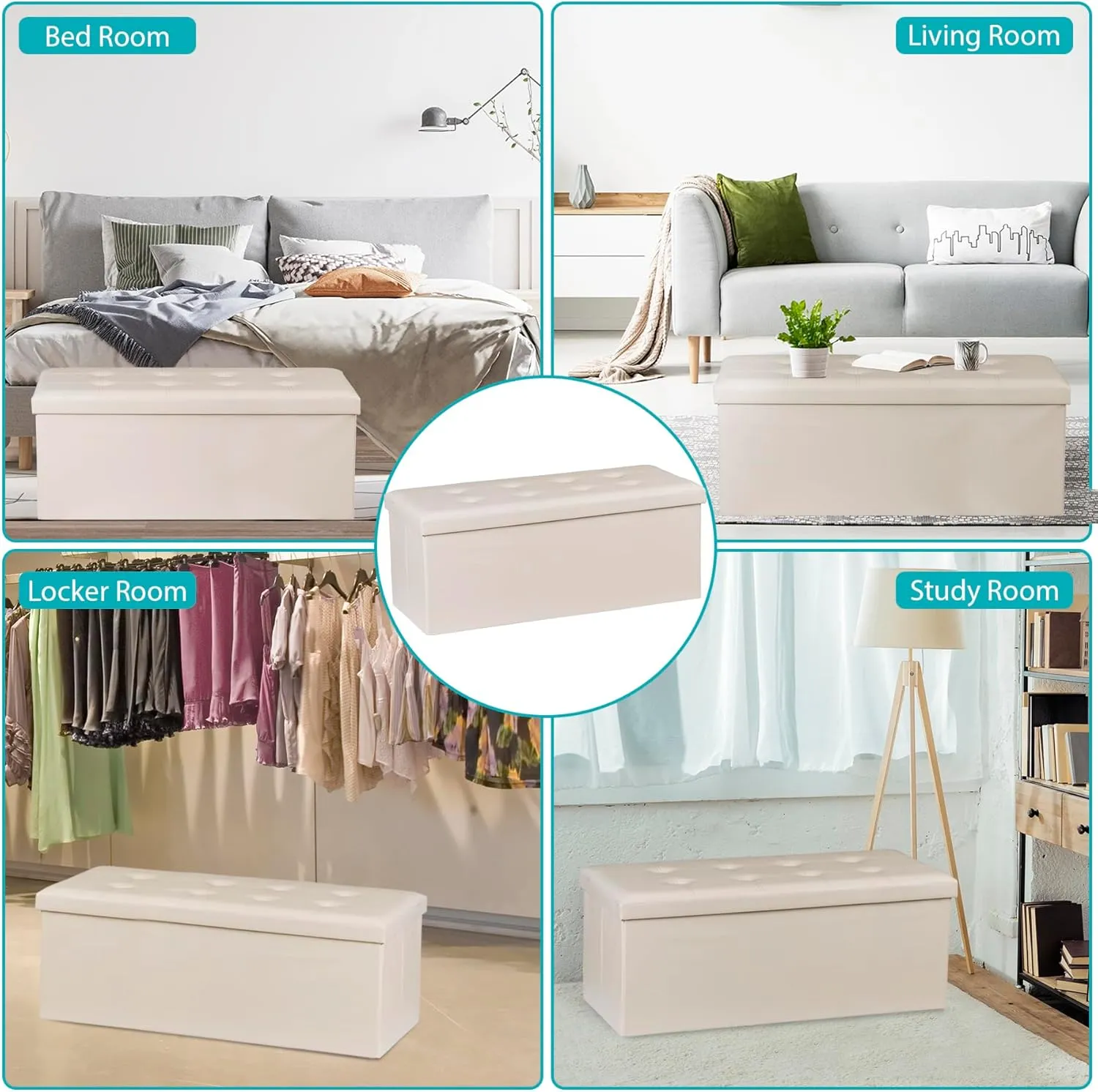 ZenStyle 43Inches Folding Storage Ottoman Bench, Faux Leather Footrest with Foam Padded Seat, Storage Long Shoes Bench for Living Room, Entryway, Bedroom, Holds up to 660 lbs (Beige)
