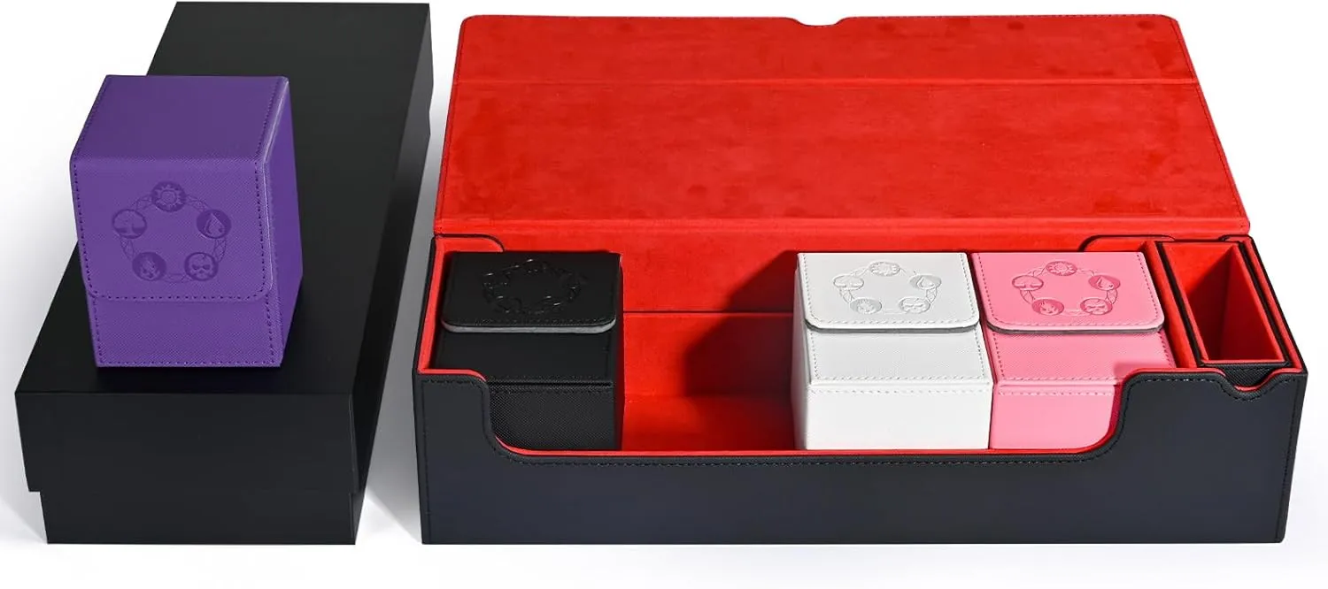 ZLCA Card Deck Box 5 In 1, Include 1600  Premium Trading Card Storage Box with Dice Tray, and 4 PCS Card Deck Case for MTG, TCG, Sports Cards, Card Gaming Accessories Present Set (Black & Red Set)