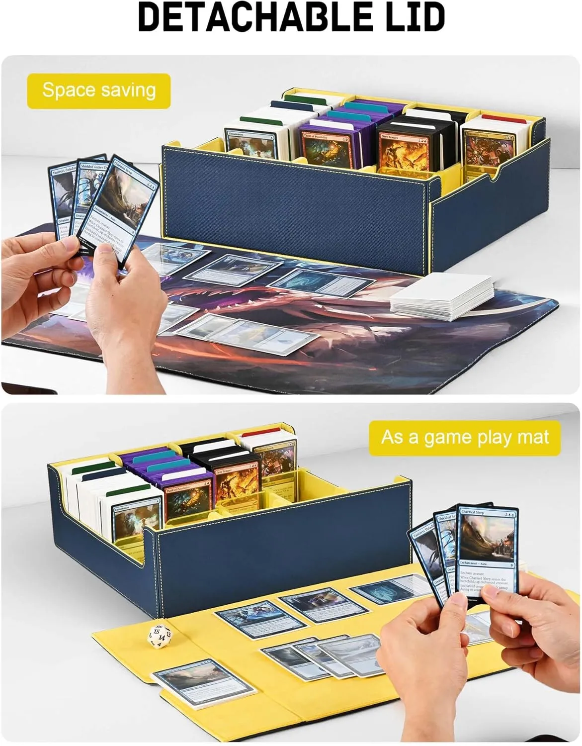 ZLCA Card Storage Box for MTG PTCG, Commander Deck Box Holds 3000  Cards, Card Storage Case with 4 Stoppers, Card Organizer for TCG Sport Cards(Blue&Yellow)