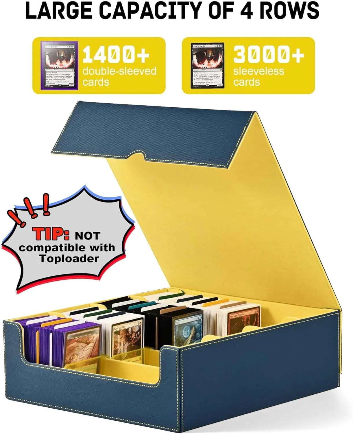 ZLCA Card Storage Box for MTG PTCG, Commander Deck Box Holds 3000  Cards, Card Storage Case with 4 Stoppers, Card Organizer for TCG Sport Cards(Blue&Yellow)