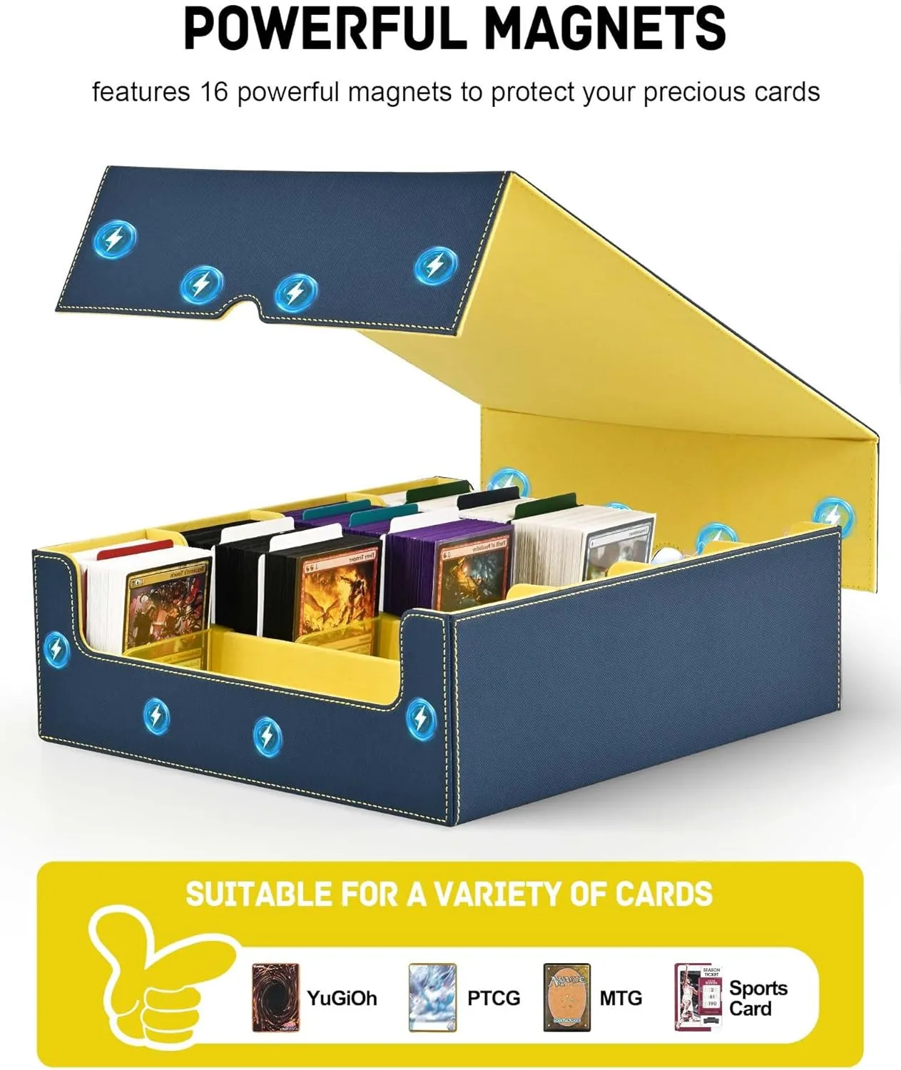 ZLCA Card Storage Box for MTG PTCG, Commander Deck Box Holds 3000  Cards, Card Storage Case with 4 Stoppers, Card Organizer for TCG Sport Cards(Blue&Yellow)