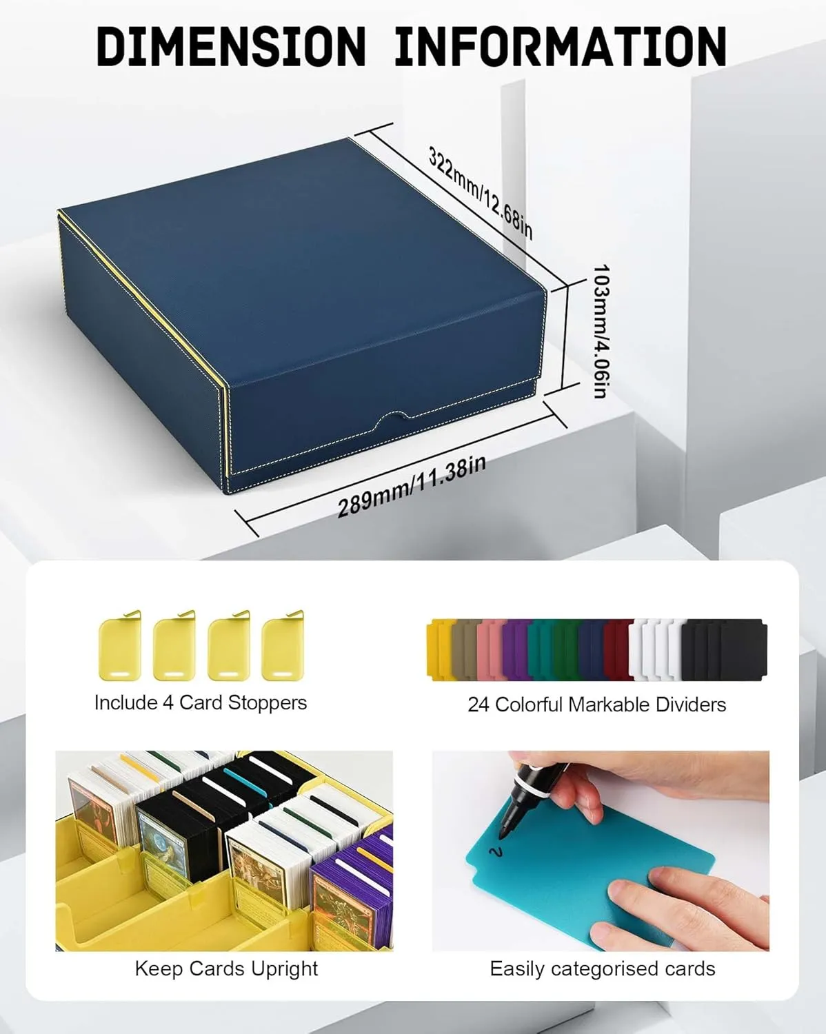ZLCA Card Storage Box for MTG PTCG, Commander Deck Box Holds 3000  Cards, Card Storage Case with 4 Stoppers, Card Organizer for TCG Sport Cards(Blue&Yellow)