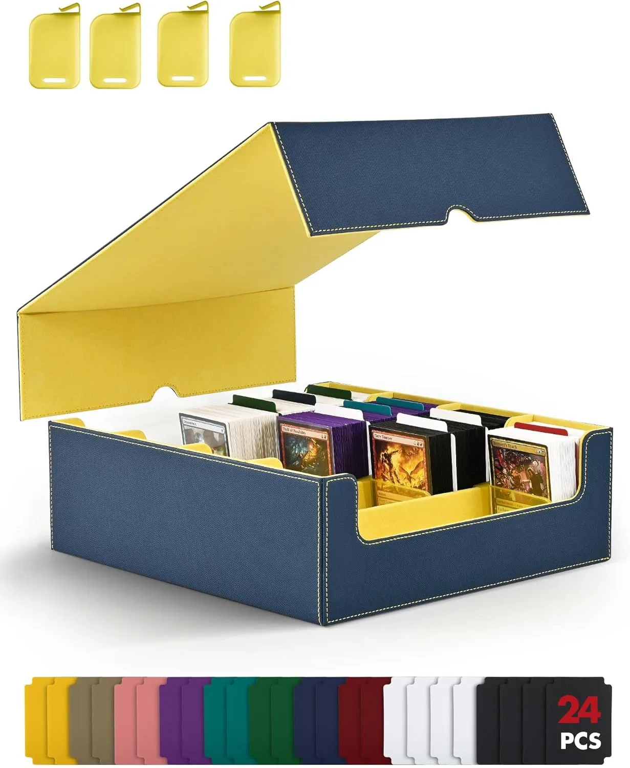 ZLCA Card Storage Box for MTG PTCG, Commander Deck Box Holds 3000  Cards, Card Storage Case with 4 Stoppers, Card Organizer for TCG Sport Cards(Blue&Yellow)