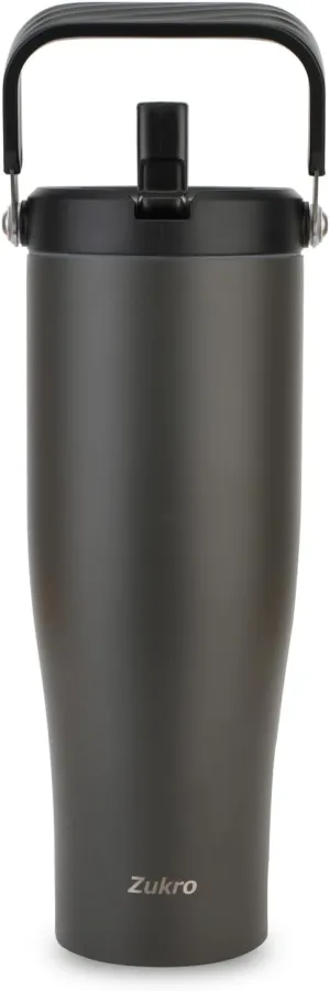 Zukro 50 OZ Tumbler With Flip Straw |Stainless Steel Water Jug With Top Handle For Gym, Outdoors, Car |Large Leak Proof Triple-wall Vacuum Insulated Water Bottle Keeps Cold 34 Hours & Easy Carry, Coal