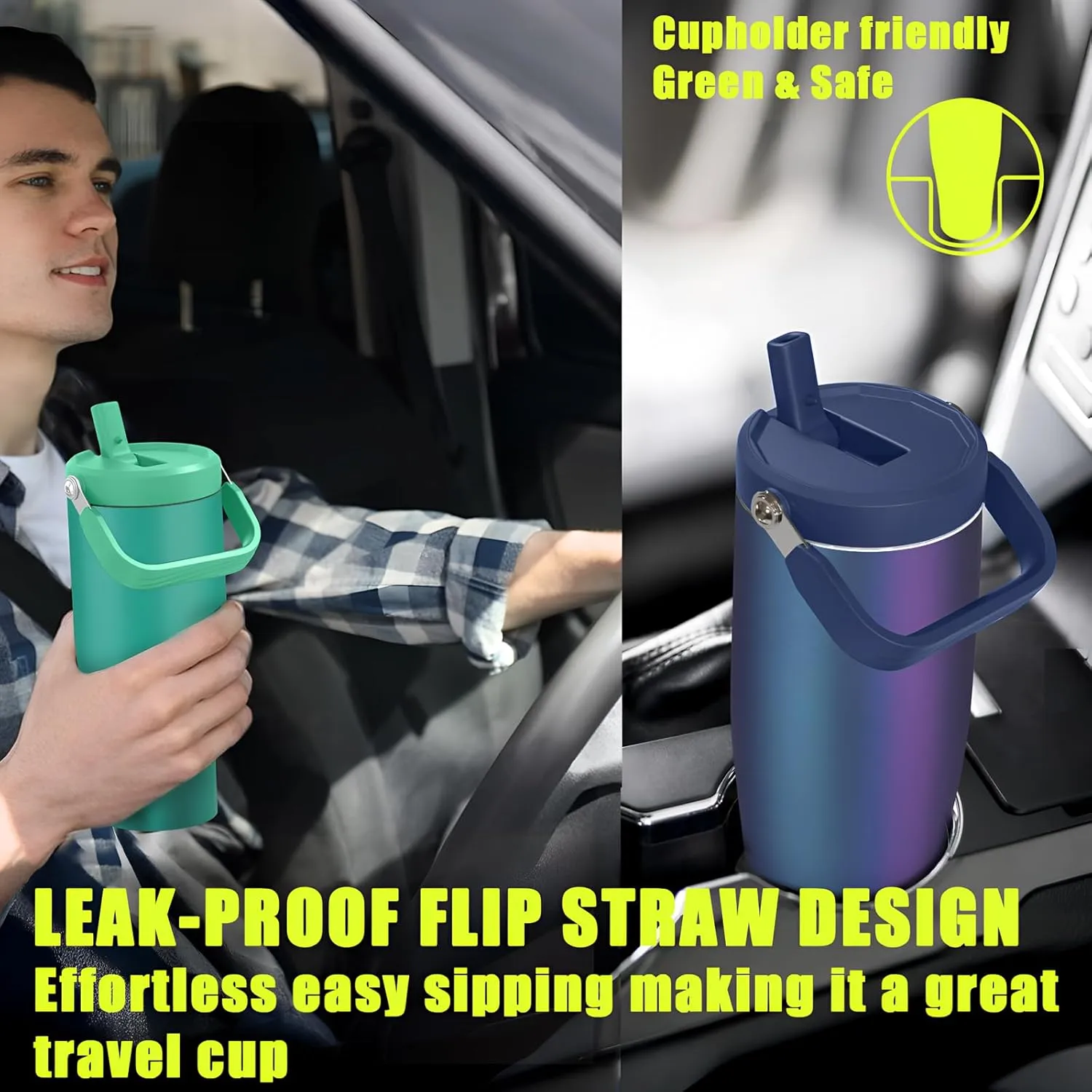 Zukro 50 OZ Tumbler With Flip Straw |Stainless Steel Water Jug With Top Handle For Gym, Outdoors, Car |Large Leak Proof Triple-wall Vacuum Insulated Water Bottle Keeps Cold 34 Hours & Easy Carry, Coal