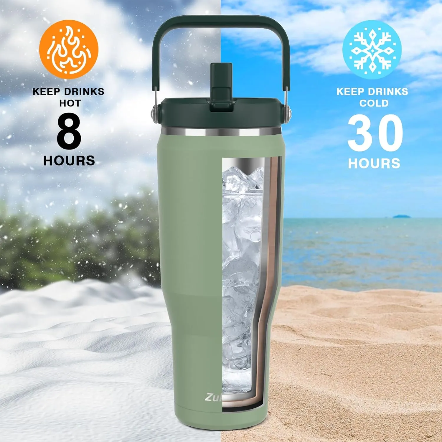 Zukro 50 OZ Tumbler With Flip Straw |Stainless Steel Water Jug With Top Handle For Gym, Outdoors, Car |Large Leak Proof Triple-wall Vacuum Insulated Water Bottle Keeps Cold 34 Hours & Easy Carry, Coal